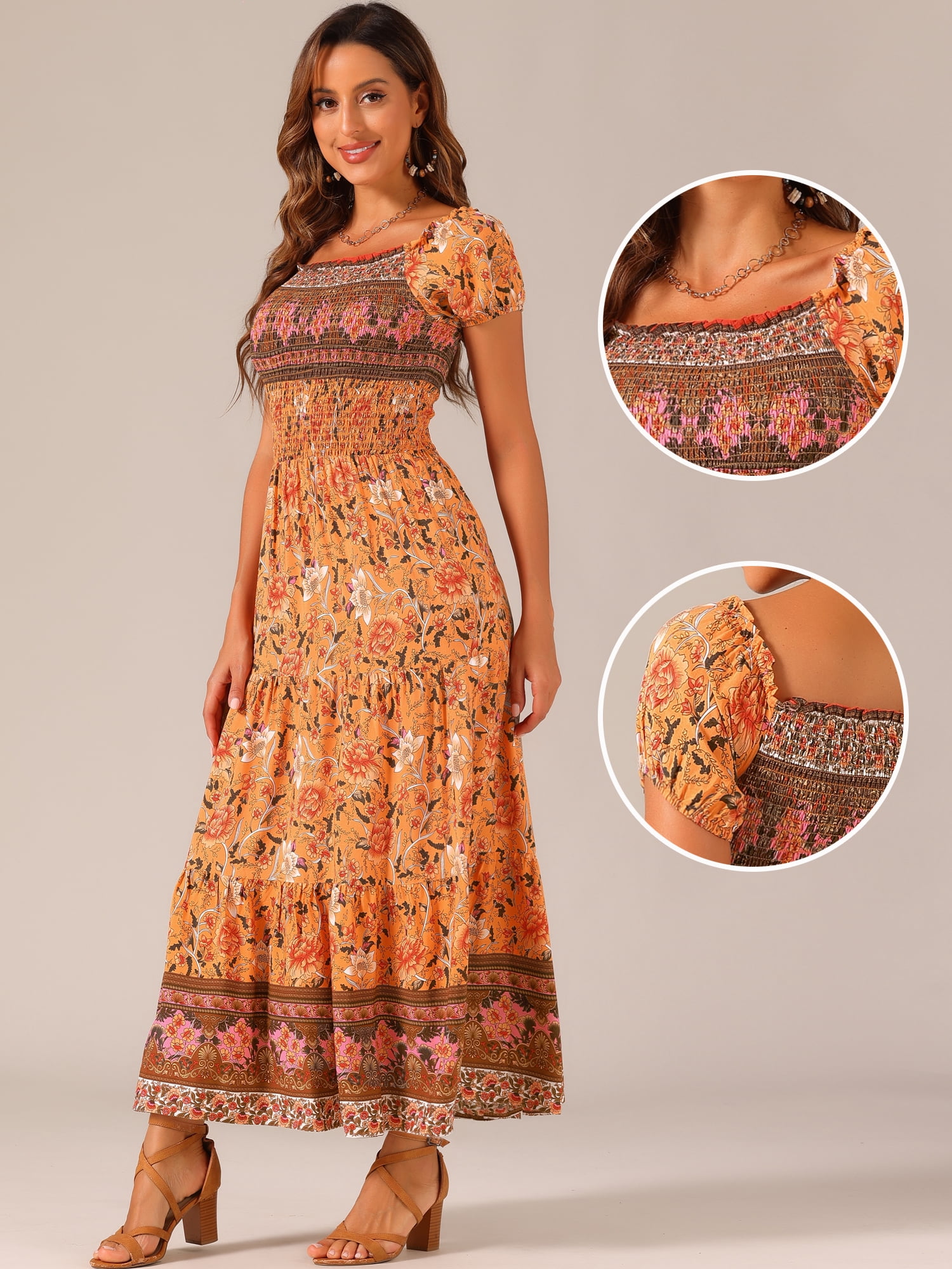 DARING DIVA Women's Boho Floral Square Neck Smocked Back Midi Dresses XS Orange