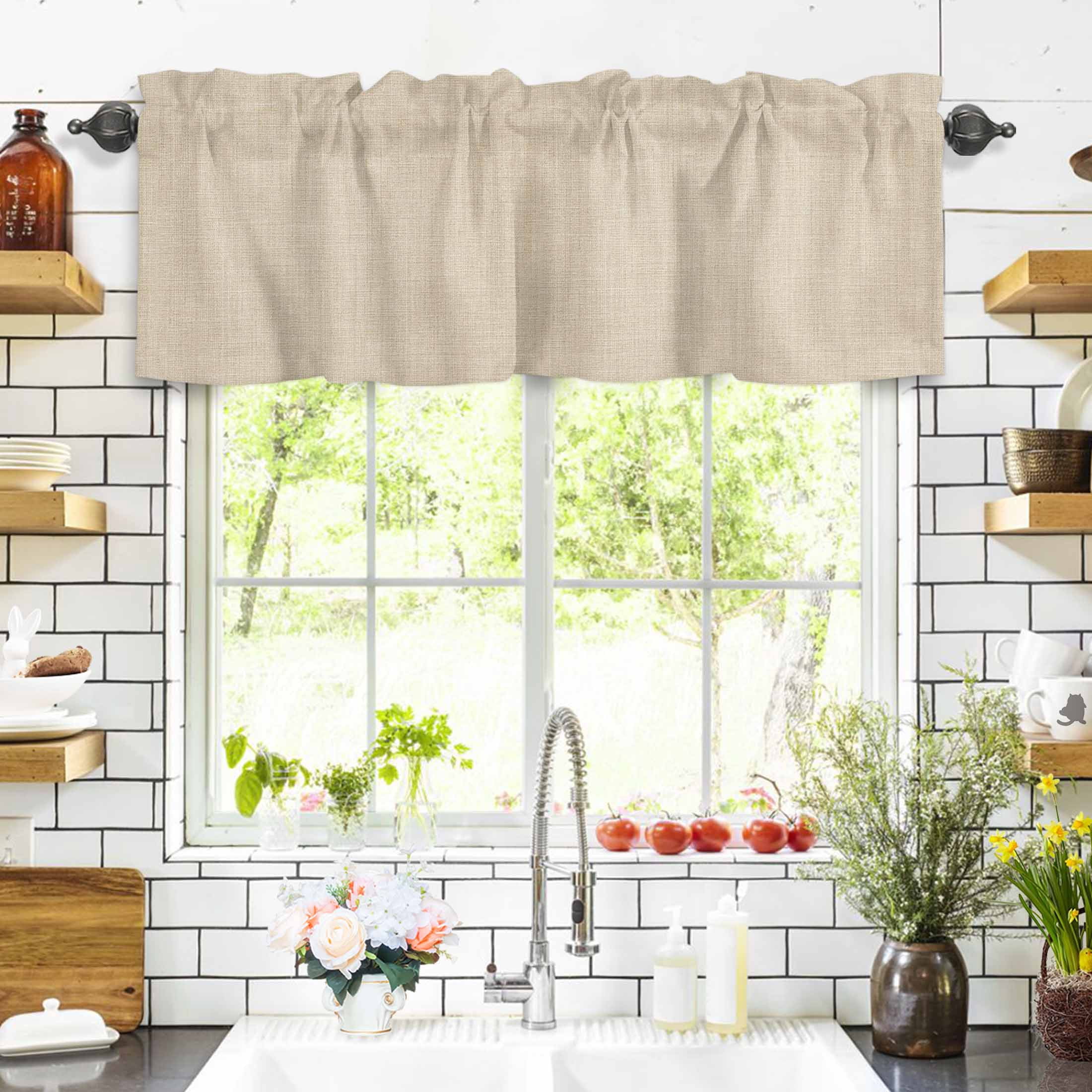 Vintage Linen Valances for Windows Pastoral Beige Linen Texture Farmhouse Rod Pocket Curtain Valance Window Treatment Short Curtains for Kitchen Living Room, 54"x18"