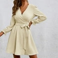 thumbnail image 2 of Womens Wrap V Neck Long Sleeve Casual Dress Tie Waist Solid Color A Line Dress Loose Comfy Party Dress for Women, 2 of 7