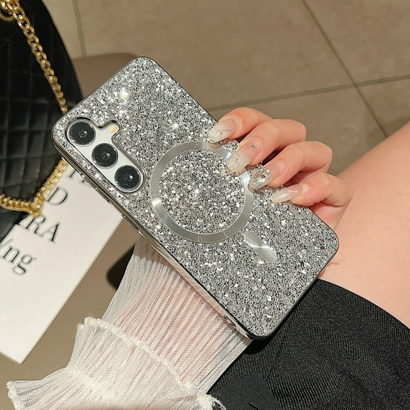 Magnetic Glitter Case for Samsung Galaxy S25, Luxury Shining Bling Phone Case Compatible with Mag-Safe for Women Girls, Wireless Charging Support Shockproof Cover for Samsung Galaxy S25, Silver