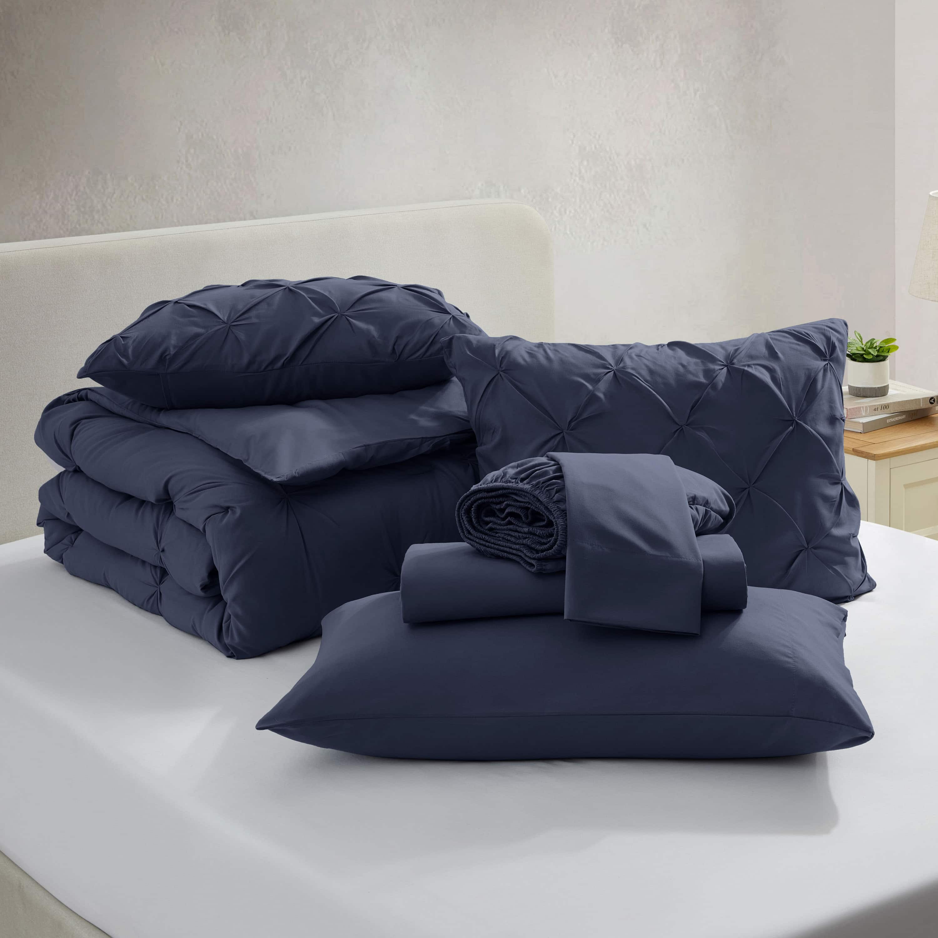 LammaLoe California King Size comforter Sets, 7 Piece Bed In A Bag Pintuck Bedding Sets, Navy