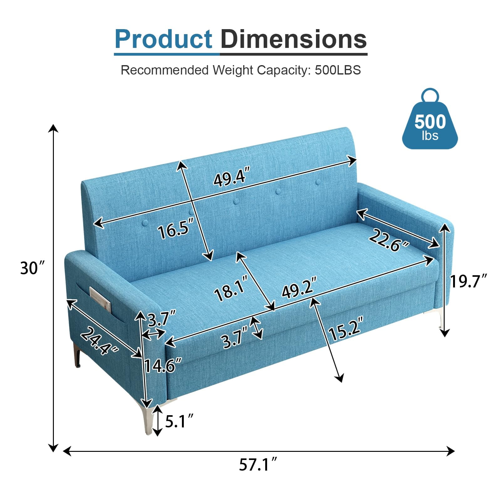 57" Multi-functional Storage Loveseat Sofa,Upholstered 2 Seat Sofa with Side Pockets for Living Room, Bedroom, Office, Small Space,Blue