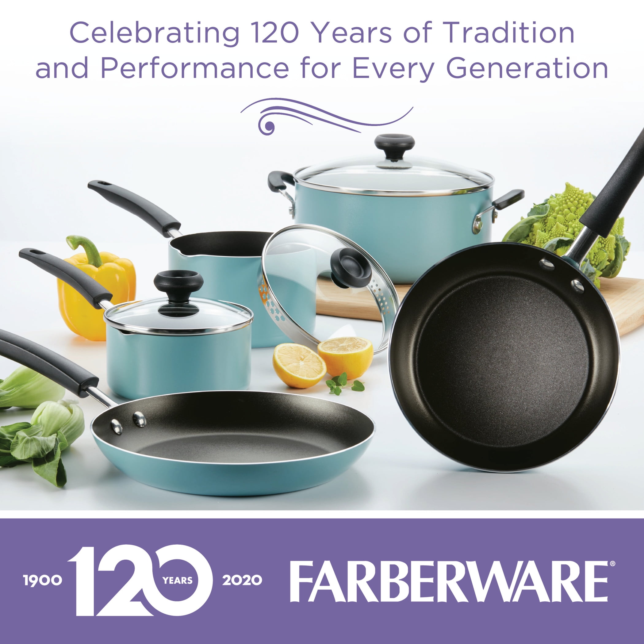 Farberware 20-Piece Easy Clean Aluminum Nonstick Cookware Pots and Pans Set, Aqua