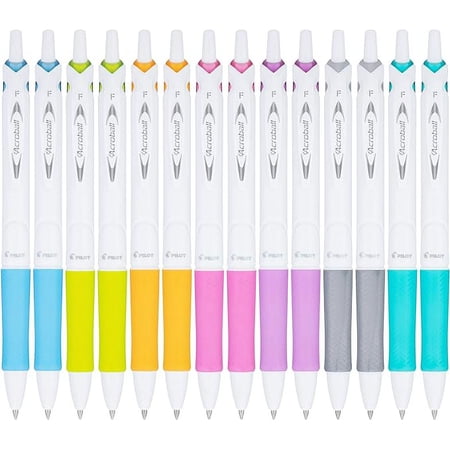 PILOT Acroball PureWhite Advanced Ink Refillable & Retractable Ball Point Pens with Assorted Accents, Fine Point, Black Ink, 14-Pack (14691)