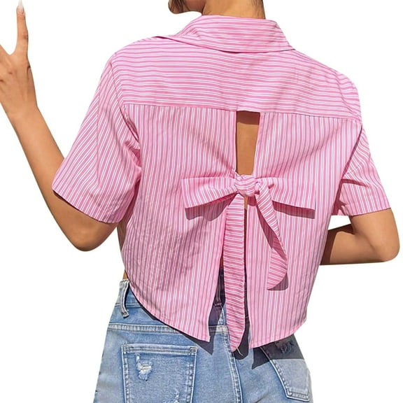 Nafuu Ladies Shirts Solid Color Lapel Short sleeve Button Down With Bow Back Detail Casual Summer Trendy Vacation Tops