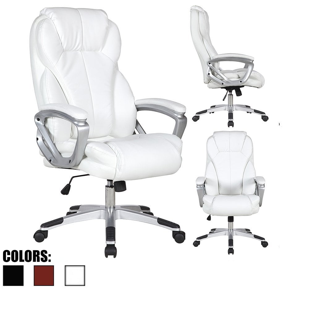 2xhome White Deluxe Professional Pu Leather Big Tall Ergonomic Office High Back Chair Manager Task Conference Executive Swivel Tilt Padded Arms