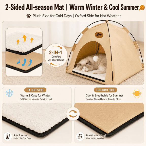 Summer Pet Tent Bed for Cats, Breathable Cat House Indoor, Portable Small Animal Bed, Cozy Covered Pet Cave with Cushion, Ventilated All-Season Pet Bed for Rabbits, Hamsters, Hedgehogs