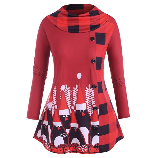 Camiseta Talla Extra Manga Larga Estampado Cuadros Navidad Rosegal Mangas largas de talla grande