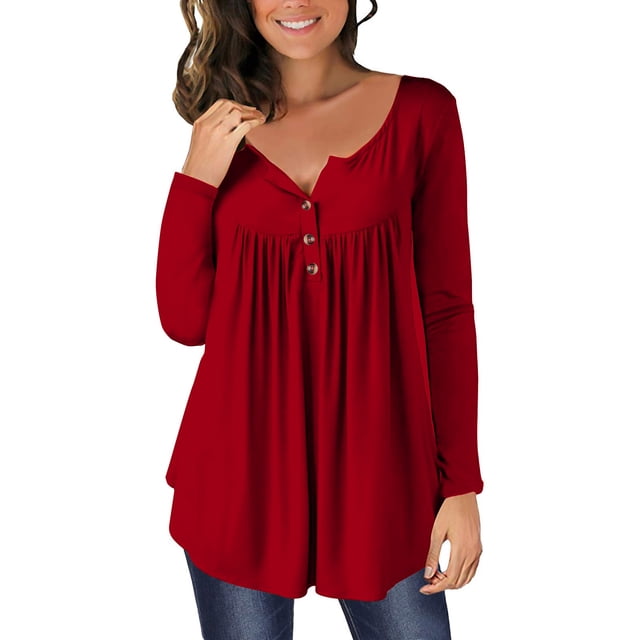 AherBiu Women's Tunics Tops Long Sleeve Button Round Neck Blouses Loose Fitting Flowy Fall Shirts