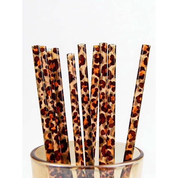 10/20/40 Pcs Reusable Leopard Straws Hard Plastic Drinking Straw with Cleaning Brush Leopard Print Animal Drinking Straw Statement Cheetah Animal Straws for Party
