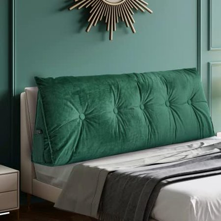 Large Reading Bed Rest Pillow - Triangular Headboard Wedge Pillows, Backrest Positioning Support, Extra Filling With Washable Velvet Cover (Green, Queen Size (59 X 20 X 8 Inch))