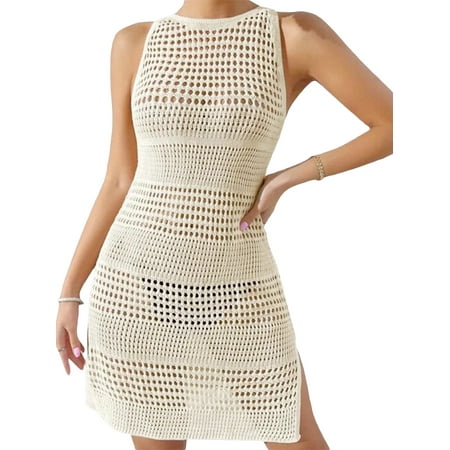 Lnzyyephy Women Bikini Cover-Ups Solid Color See-Through Hollow-Out Crew Neck Sleeveless Beach Knitted Dress Swimwear Sunscreen Cover Up