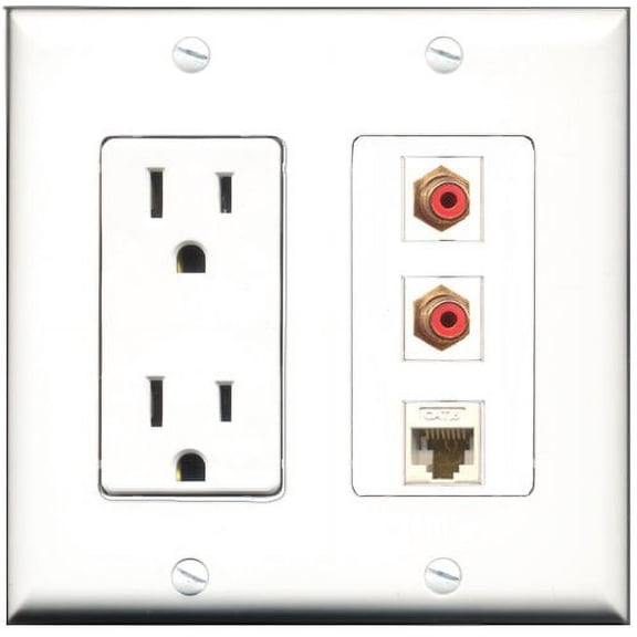 RiteAV - 15 Amp Power Outlet 2 Port RCA Red 1 Port Cat6 Ethernet Ethernet White Decorative Wall Plate