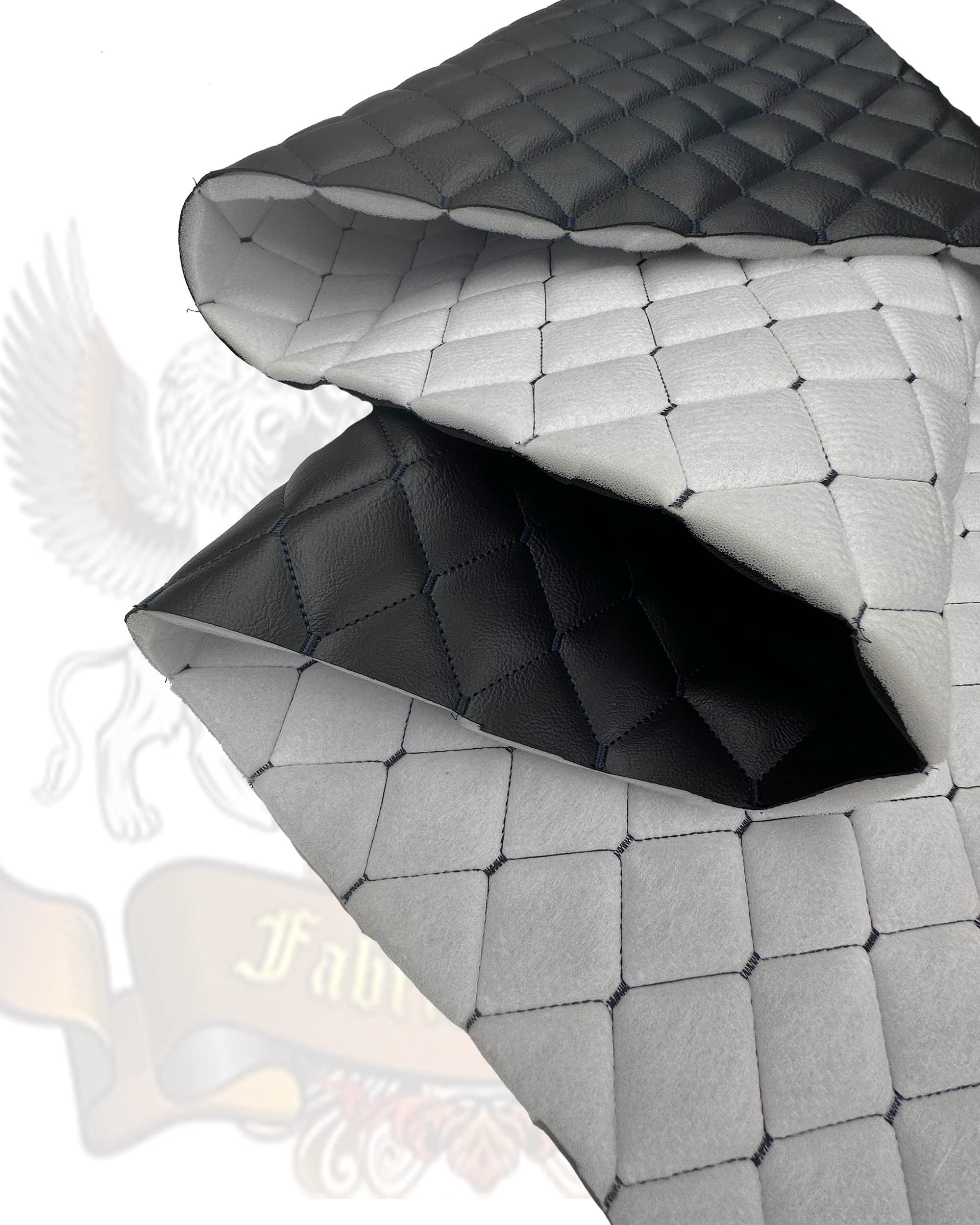 Vinyl Quilted Foam Fabric w 3/8" Foam Backing Upholstery / 52" Wide/Sold by Yard/ Waterproof Marine Vinyl, Headliner, Door Panels, Car Roof Replacement (Black w Hq Navy Thread Yarn, Diamond 2"x3")