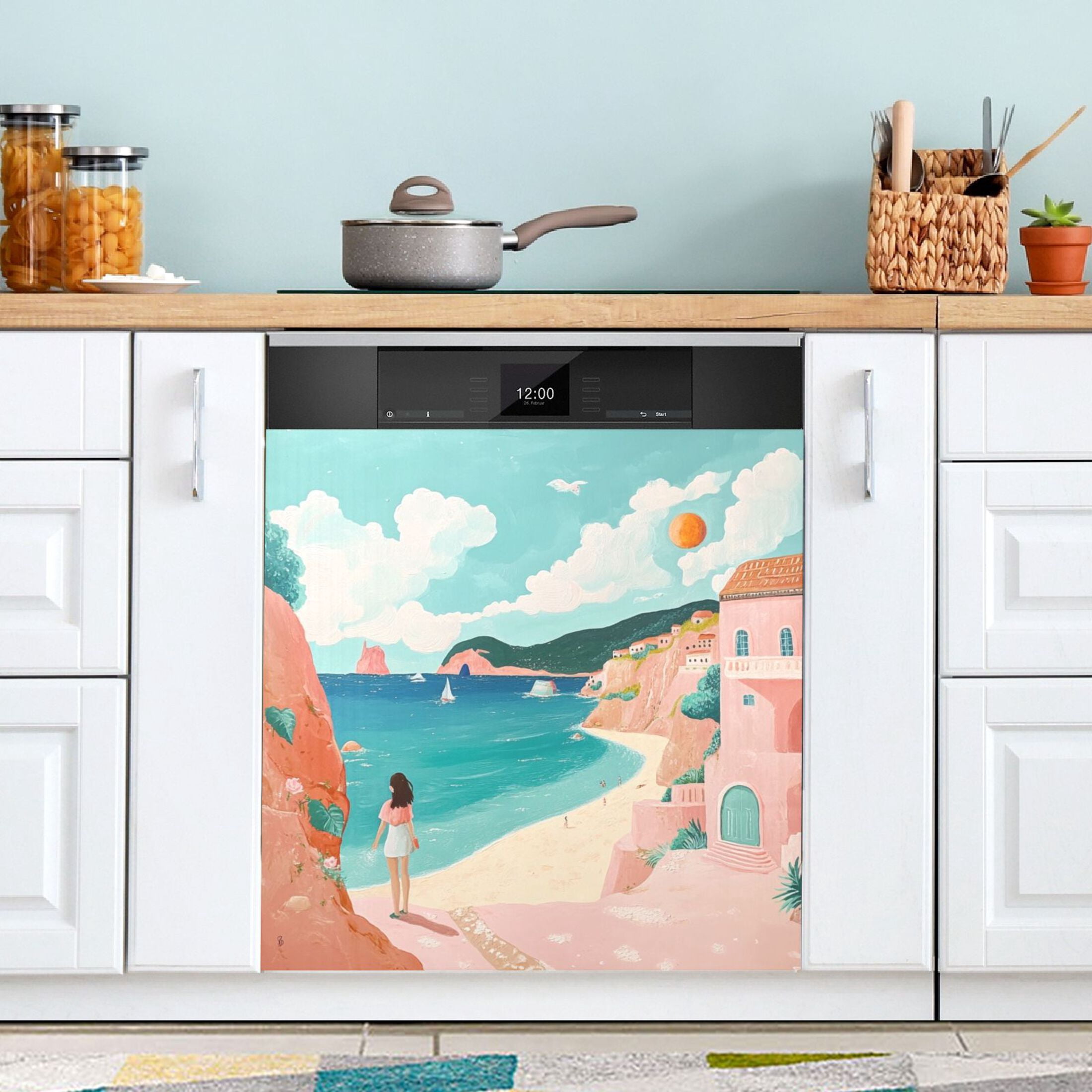 Dishwasher Magnetic Sticker 23x26 Inch Refrigerator Magnetic Sticker Washing Machine Magnetic Sticker Kitchen Panel Magnetic Sticker Home Decor Beautiful Cartoon Seaside