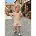 thumbnail image 3 of BemeyourBBs Toddler Baby Boys Summer Clothes Infant Baby Boy Mothers Day Outfits Waffle Knit Bear Letter Embroidery Short Sleeves T-Shirt and Elastic Shorts Set, 3 of 9