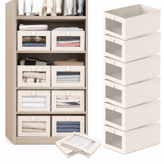 6 Pack Foldable Linen Closet Storage Bins with Clear Window, Closet Organizers and Storage, Fabric Clothing Organizer Boxes for Jeans, T-Shirts, Socks, Toys, Shelves, Dressers and Cabinets