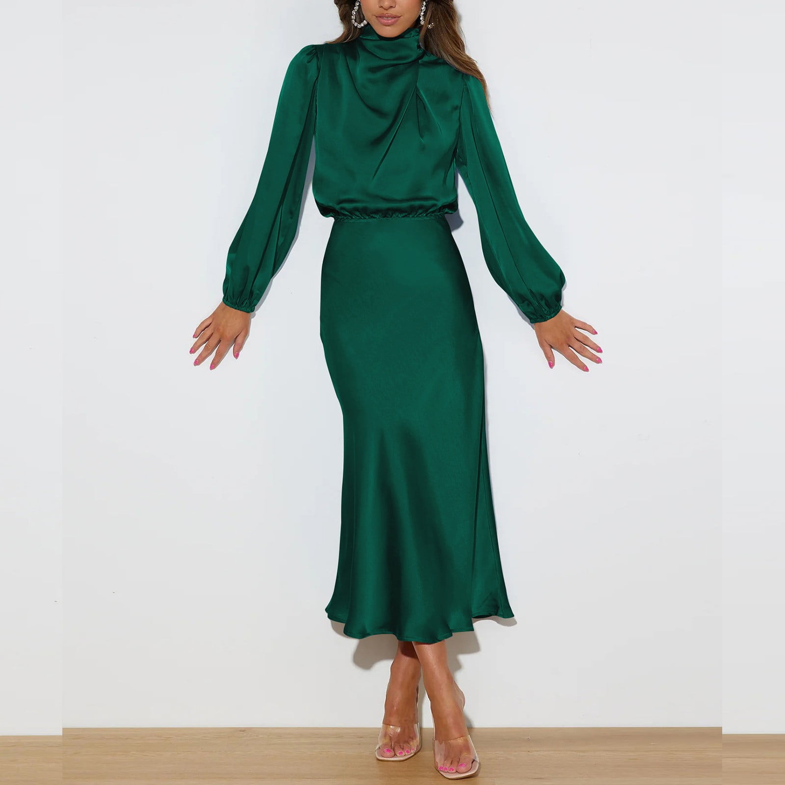 Olive Green Professional Dress Cameo Rose Dark Green Satin Long Puff Sleeve  Midi Wrap Dress New