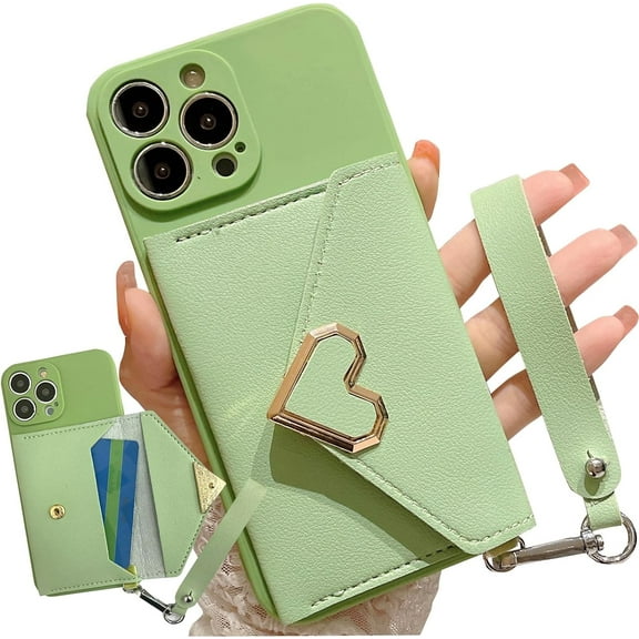 Compatible with iPhone 13 Pro Max Wallet Case with Card Holder, Luxury PU Leather Heart Buckle Purse Detachable Lanyard Style Phone Case for iPhone 13 Pro Max Women Girls Mint Green