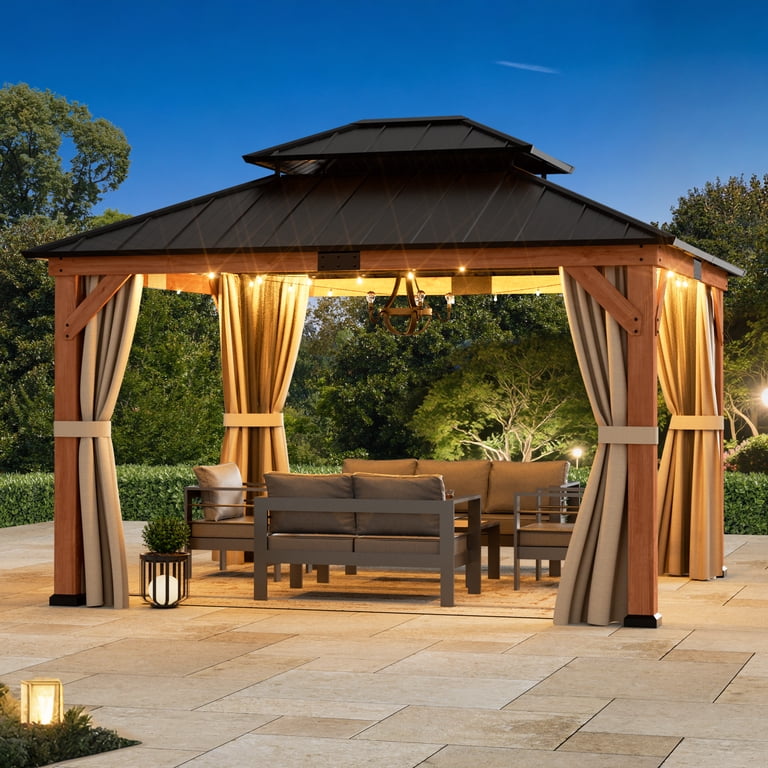 Modern Shade 13'x15'Outdoor Cedar Wood Hardtop Gazebo with Double