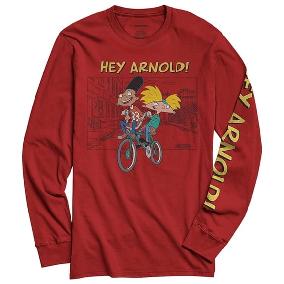 Nickelodeon Men's Long Sleeve Shirt, Graphic Print Cartoon Rugrats Hey Arnold Shirt Red - M