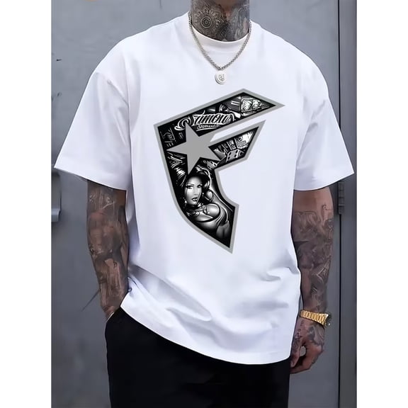 Men's Breathable Short-Sleeve T-Shirt Suitable for Summer - Casual Round Neck Tee with Geometric Star & Female Silhouette Print, Machine Washable, Modern Stylish Top for Hot Weather
