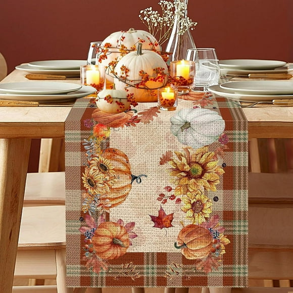 Decoración del hogar, decoración de habitaciones, camino de mesa de otoño de 13 x 72 pulgadas, camino de mesa de Acción de Gracias, camino de mesa de otoño con calabaza y hojas de arce para decoración