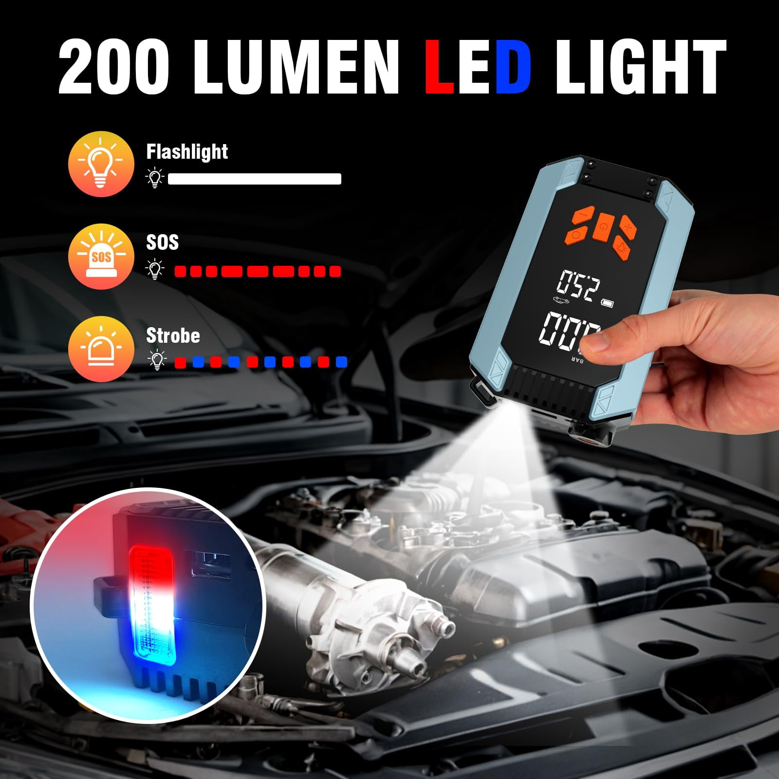 Portable Car Jump Starter 4000A Peak 12V with Air Compressor (150 PSI), Smart Jumper Cables, LED Light and LCD Display