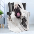 thumbnail image 4 of Pug Soft Flannel Fleece Throw Blanket, Pug Holding Food Bowl and Licking Its Lips Hunger Image Raising Its Hand, Cozy Plush for Indoor and Outdoor Use, 60" x 80", Cream Grey Black, by Ambesonne, 4 of 5