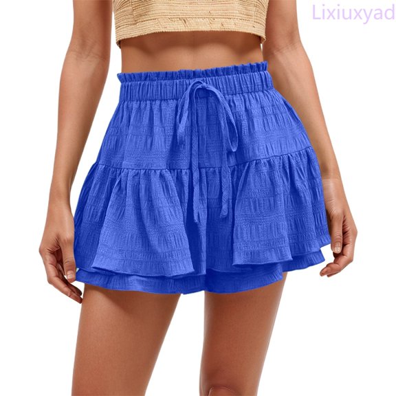 Lixiuxyad Womens Skirt Women's Summer Solid Color High Waist Wrap Skirt Pants Stylish Drawstring Folded Wide Leg Palazzo Culottes For Casual Wear,Blue