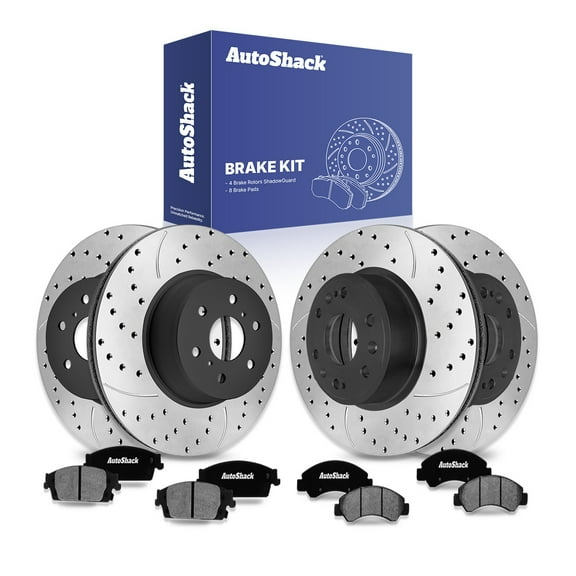 AutoShack Front & Rear Drilled & Slotted Brake Rotors Ceramic Brake Pads | Replacement for Chevrolet Silverado 1500 Tahoe Suburban GMC Sierra 1500 4WD | E-Coated | 12-PC Brake Kit | ShadowGuard