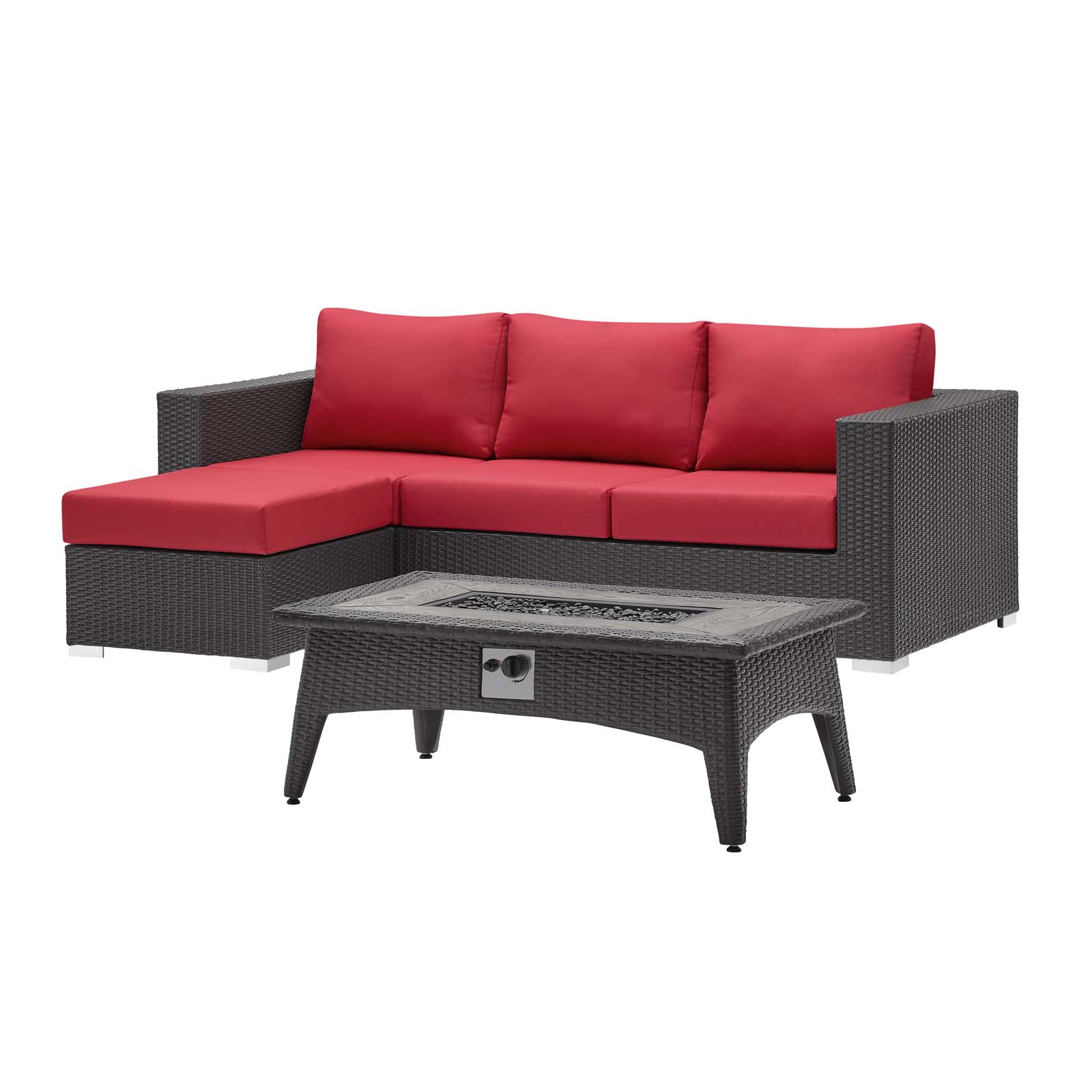 Contemporary Modern Urban Designer Outdoor Patio Balcony Garden Furniture Lounge Sofa, Chair and Coffee Table Fire Pit Set, Fabric Rattan Wicker, Red - image 2 of 8