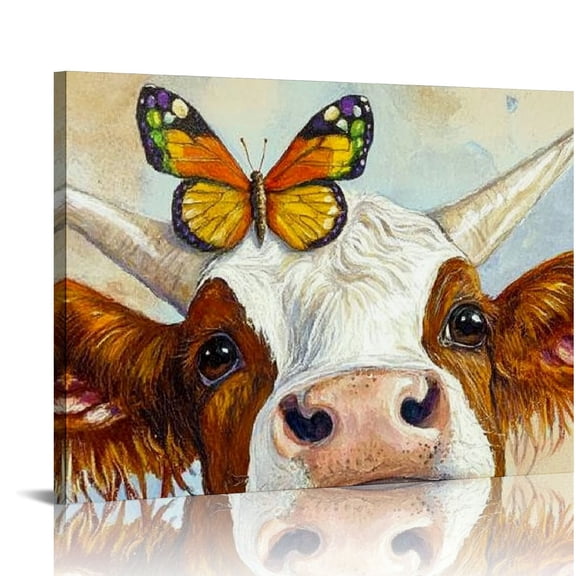 Patifu Cute Highland Cow Print Decor Rustic Farmhouse Wall Decor Retro Cow with Butterfly Pictures Wall Art Abstract Animal Canvas Paintings for Bedroom Bathroom Funny Home Artwork 20x16in