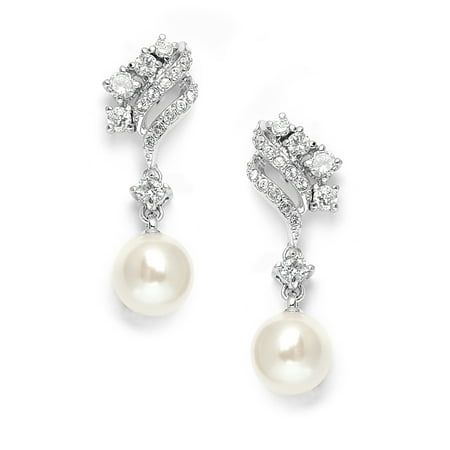 Mariell Graceful Cubic Zirconia and Ivory Glass Pearl Drop Wedding Bridal Earrings with Vintage Styling