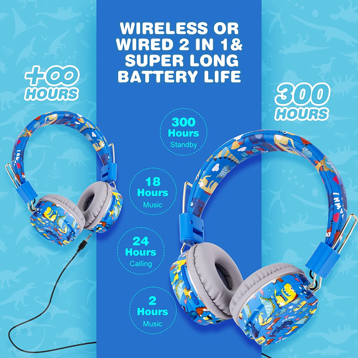 QearFun Dinosaur Headphones for Boys Kids for School, Kids Bluetooth Headphones with Microphone & 3.5mm Jack, Teens Toddlers Wireless Headphones with Adjustable Headband for Tablet/PC