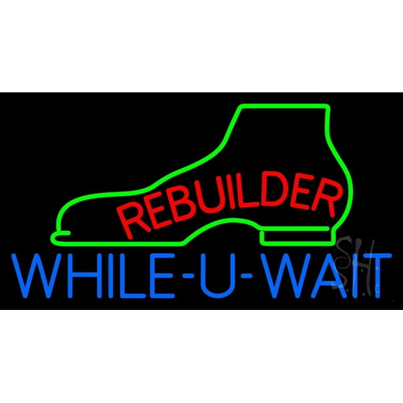 Red Rebuilder Blue While You Wait LED Neon Sign 13 x 24 - inches, Black Square Cut Acrylic Backing, with Dimmer - Bright and Premium built indoor LED Neon Sign for store interior Décor, Storefront.
