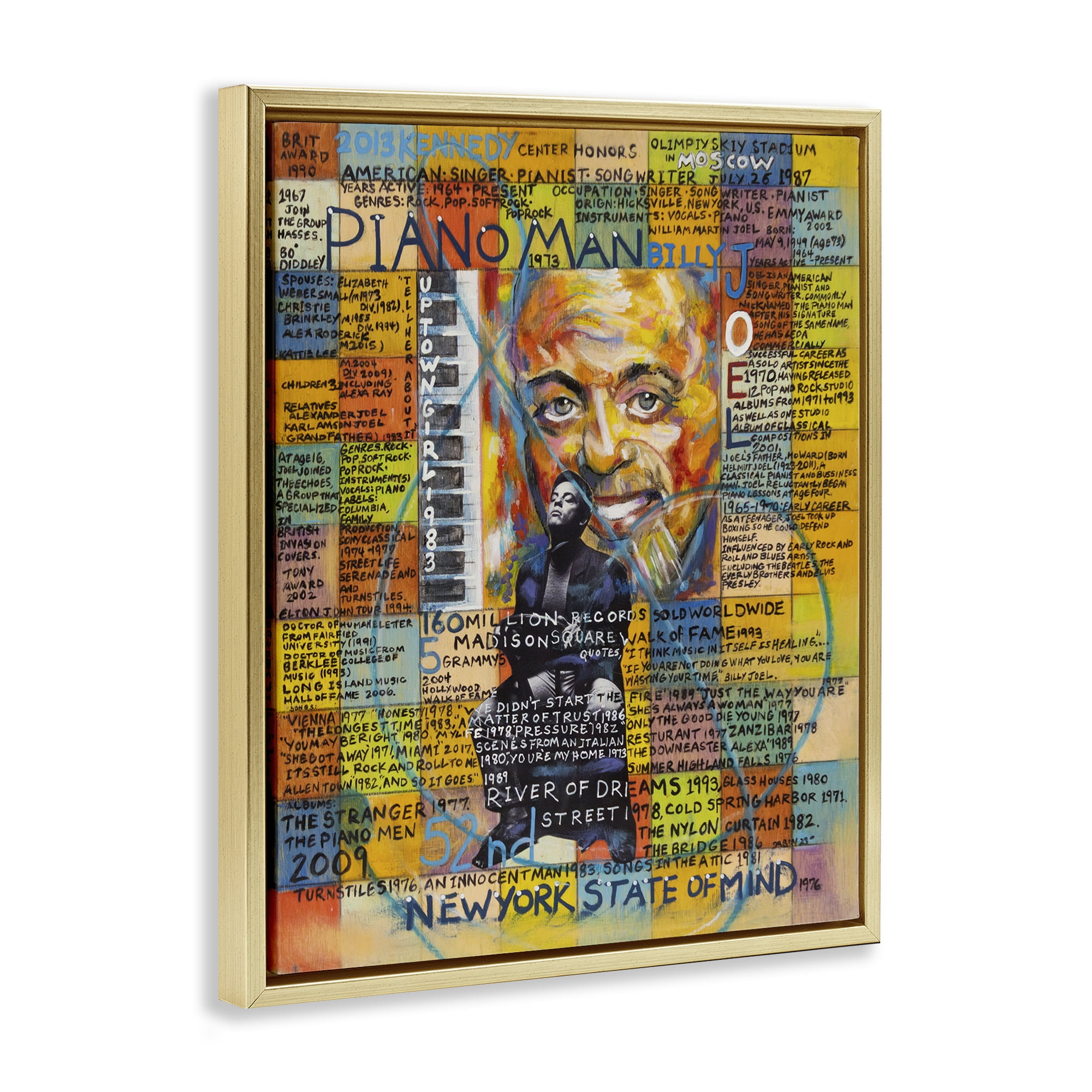 Stupell Industries Billy Joel Collage People Drawing Gold Floater Framed Canvas Art Print Wall Art, 17 x 21