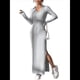thumbnail image 1 of Vestido Maxi de Punto Acanalado con Cuello en V y Larga para Mujer, con Abertura en el Muslo y Ajustado. Gris L, 1 of 9