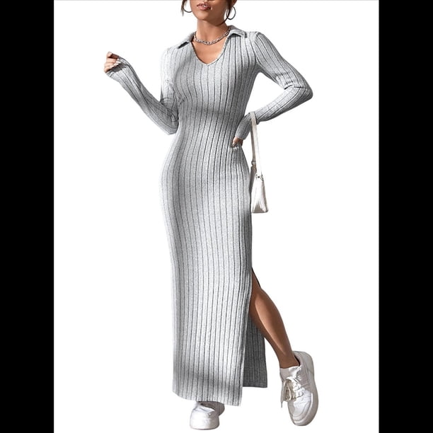 Vestido Maxi de Punto Acanalado con Cuello en V y Larga para Mujer, con Abertura en el Muslo y Ajustado. Gris XXL