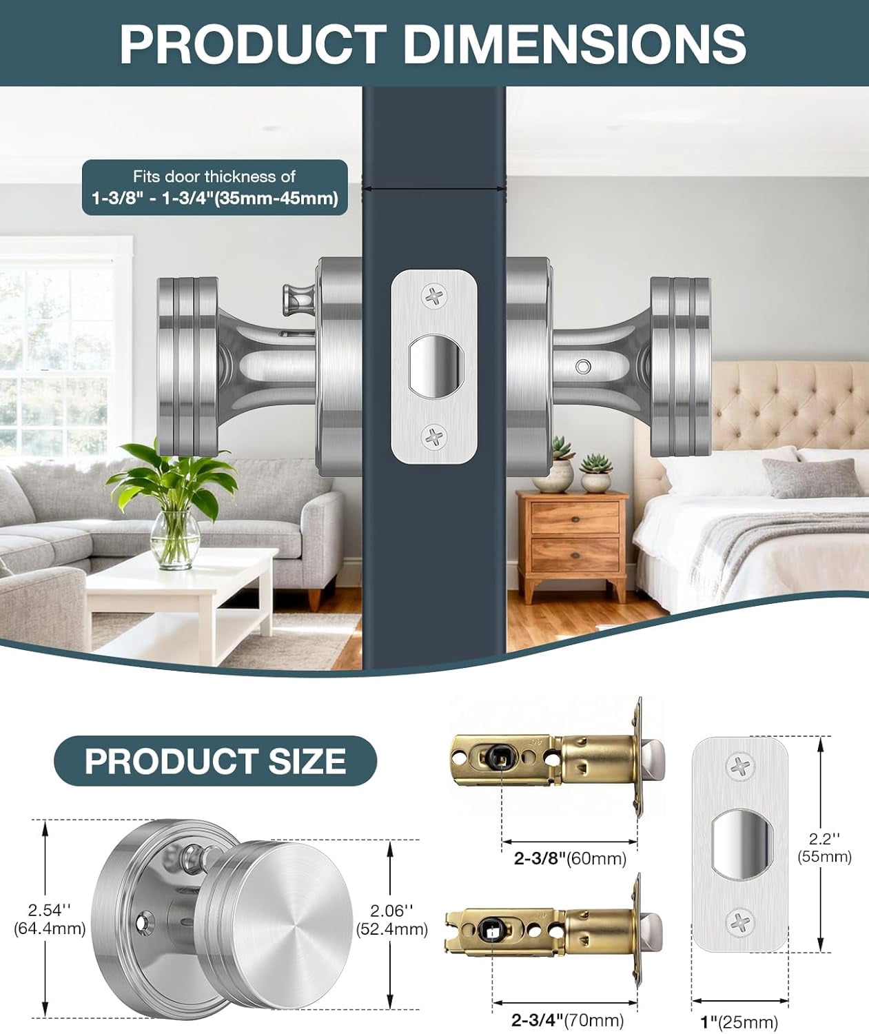 Klamerit Privacy Satin Nickel Door Knobs Heavy Duty Zinc Alloy Round Interior Door Knobs with Lock,for Bathroom & Bedroom