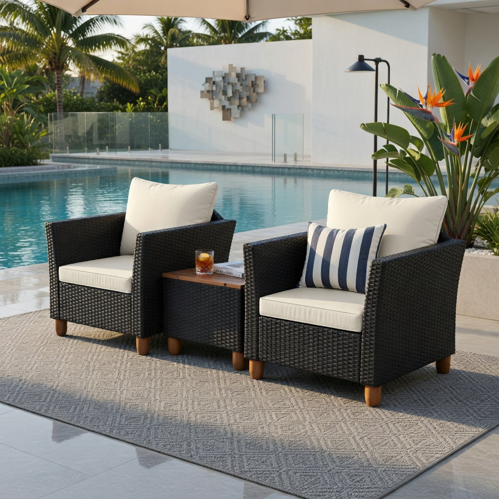 Hommoo 3-Piece Outdoor Rattan Patio Furniture Set with Acacia Wood Coffee Table, White