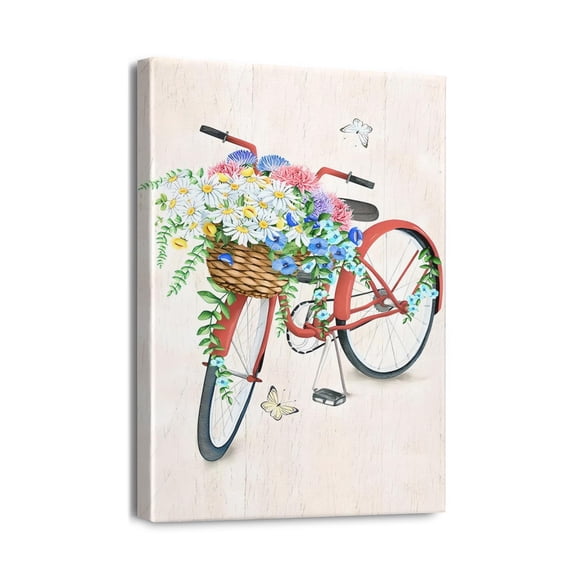 12x16 inch Rustic Bike & Floral Butterfly Canvas Painting Coastal Beach Bicycle Decor Wall Art for Bathroom, Bedroom, Living Room