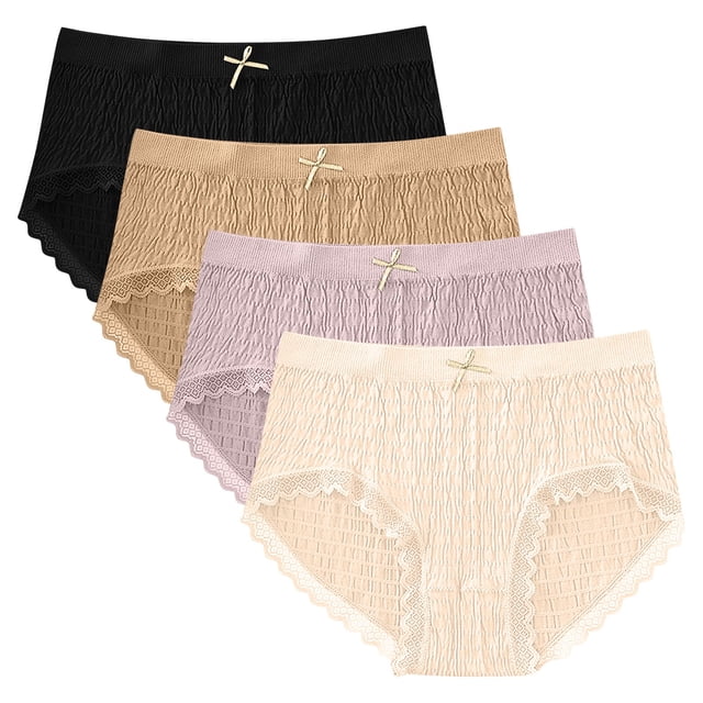 GigrtiJin Womens Mid Rise Ribbed Underwear Multipack Seamless Lace Panties With Bow Ribbon Breathable Underpants 4 Pack