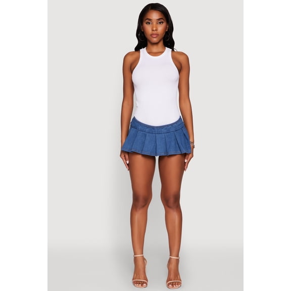 Women's Denim Pleated Micro Skirt with Shorts Lining