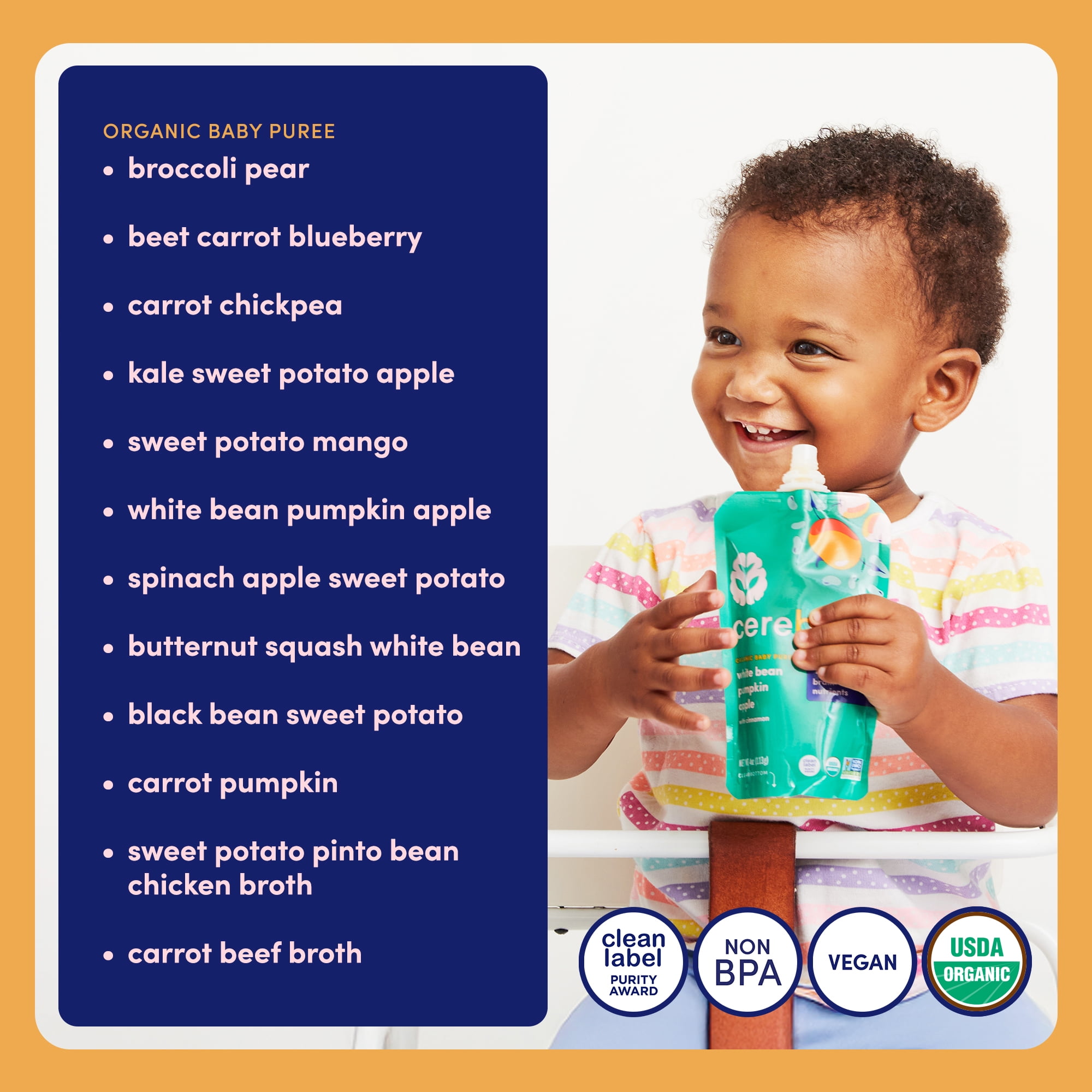 Cerebelly Organic Baby Food Pouches, First Flight Sampler Variety Pack, 4 oz, Puree Toddler Pouches, 24 Count