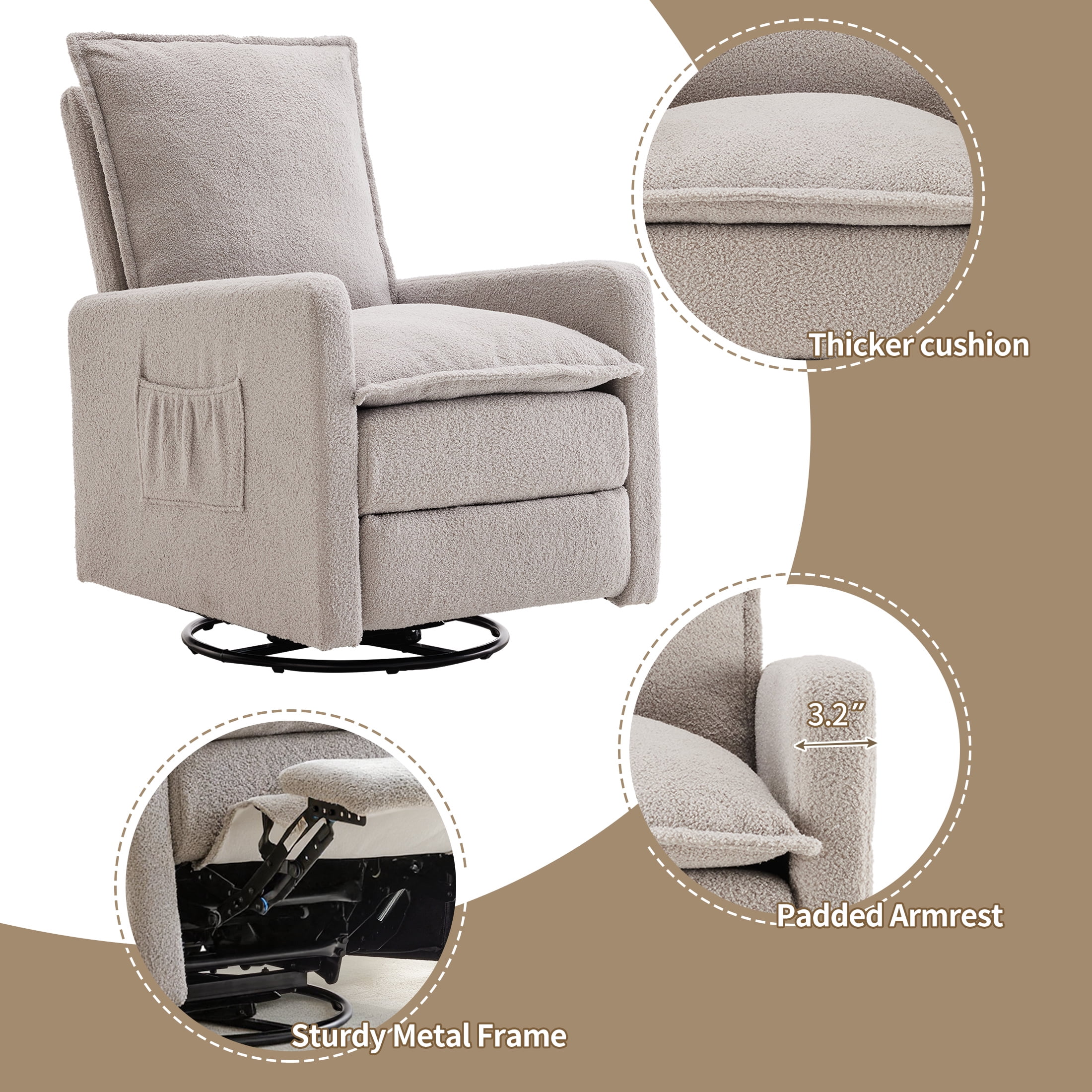 Gelloan Upholstered Swivel Glider and Recliner Nursery Chair, Light Gray