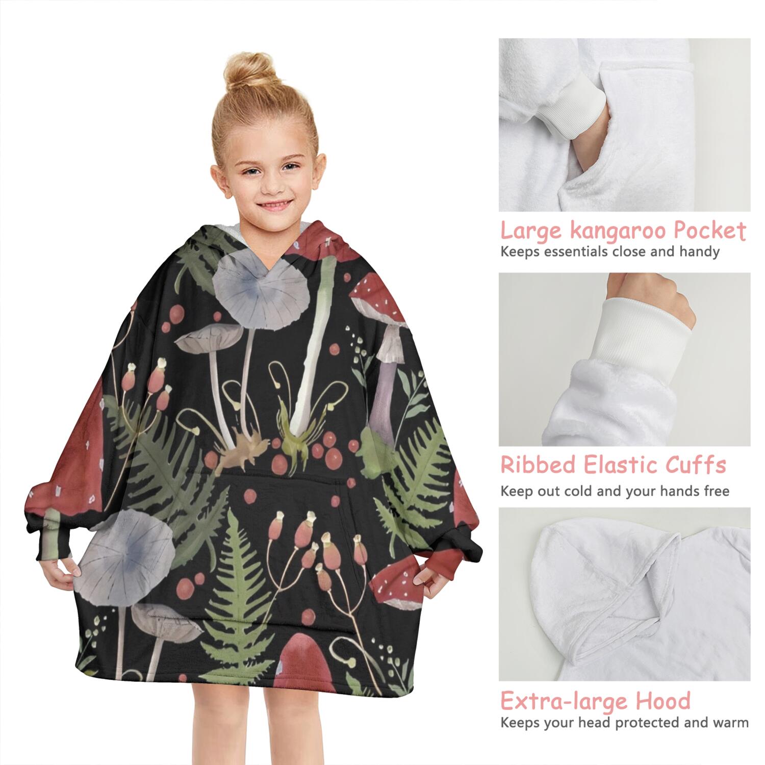 Red Mushroom Fern Black Pattern Blanket Hoodies for Kids 6-13YR Oversize Wearable Blanket Hoodies for Boys Girls Teens