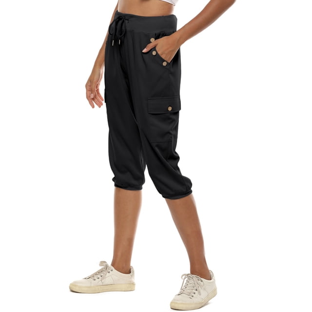 Innerwin Capri Pant High Waist Ladies Bottoms Workout Solid Color Buttons Decor Trousers Black S
