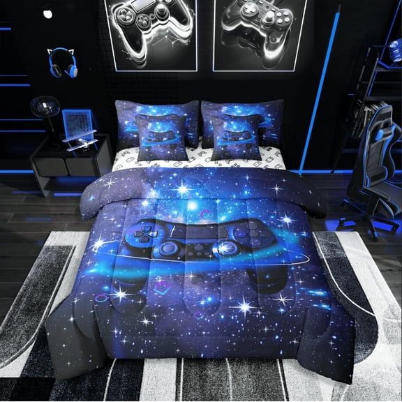 Castle Fairy Abstract Gamer 7-Piece Twin Bedding Sets for Teenagers,Galaxy Gamepads Bedding Comforter Set,Gradient Universe Breathable Sheet Sets,Lightweight Room Decor