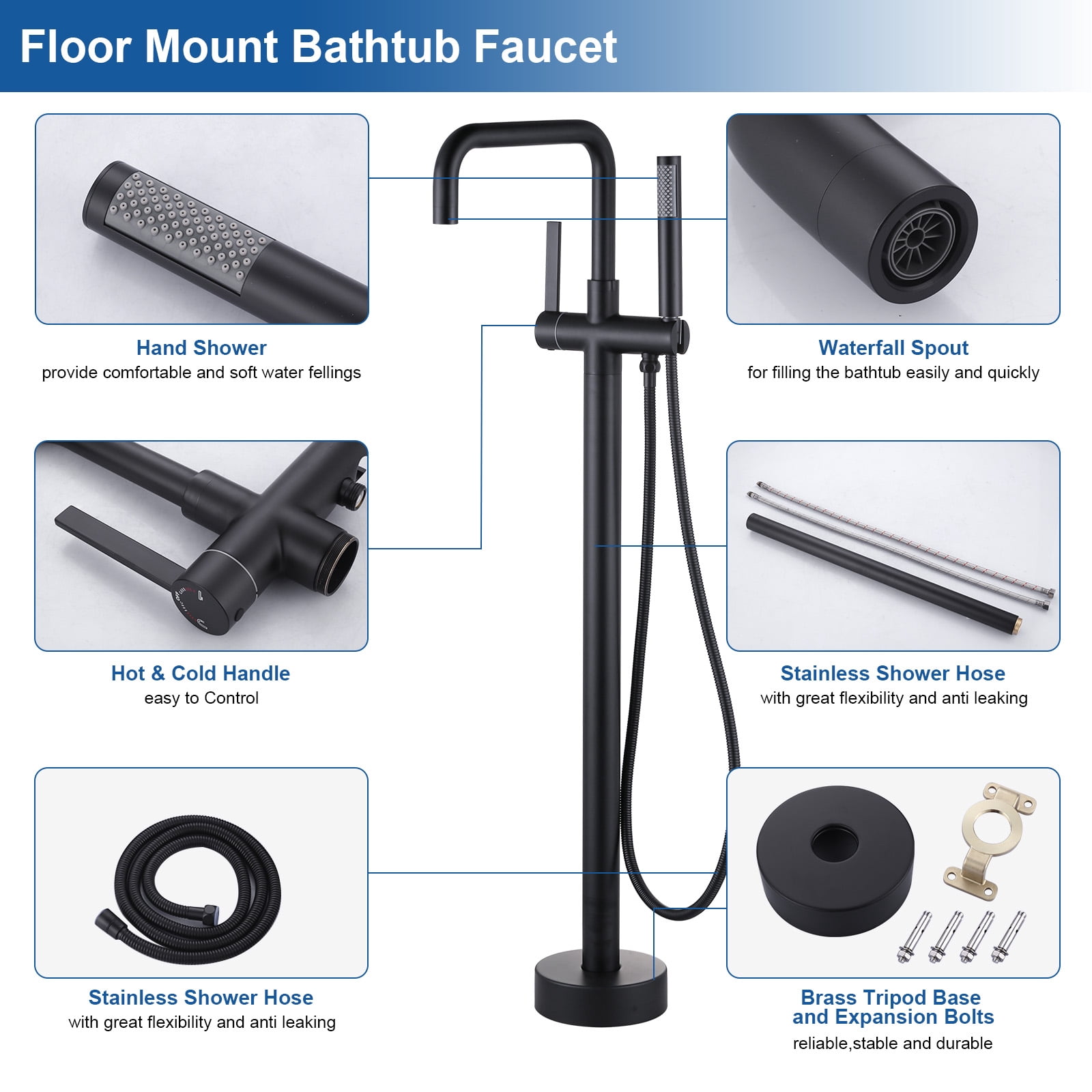 Wowow Single-Handle Freestanding Tub Faucet Floor Mount Bathtub Filler with Hand Shower in Matte Black